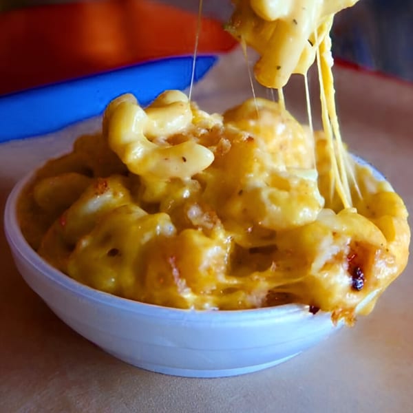 Cheesy mac and cheese with herbs in a white bowl, with cheese strings pulling from a spoon.